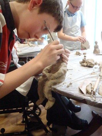 Primary School Pupils making models about memories in Carmarthenshire.